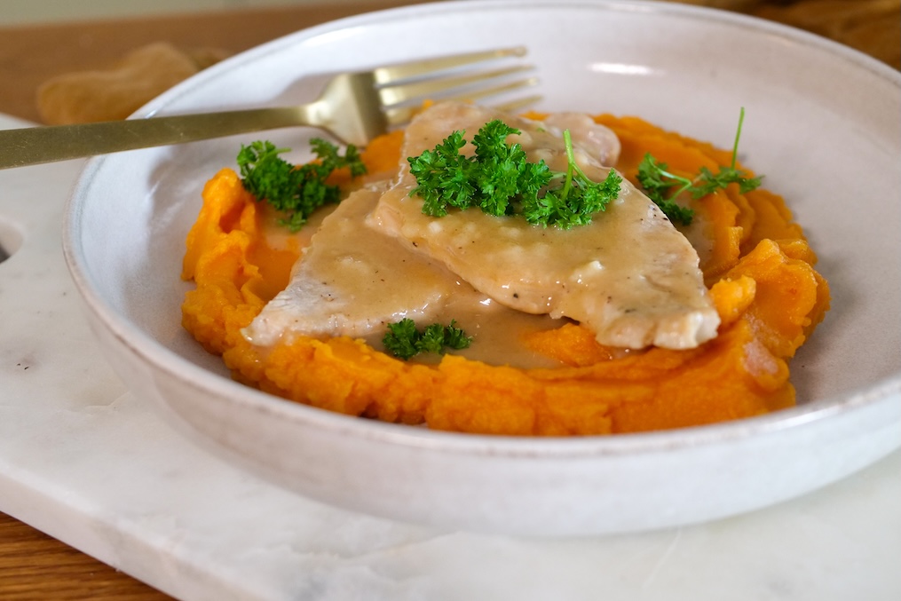 Morčacie plátky na mede s batátovým pyré